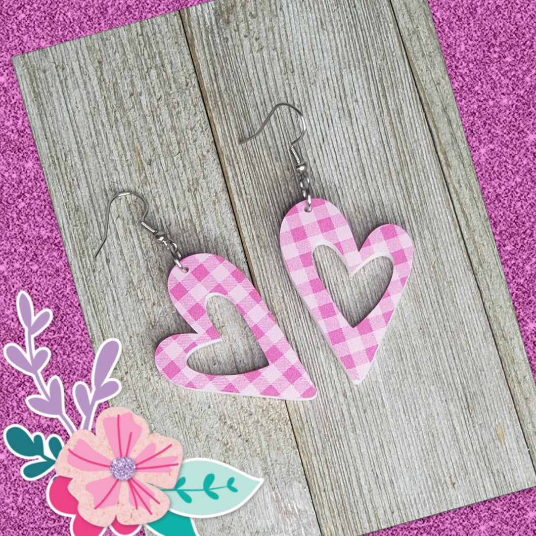 Pink Checkered Whimsy Heart Acrylic Earrings - My Wyo Designs