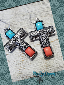 Desert Aztec ~Turquoise & Coral Cross earrings - My Wyo Designs