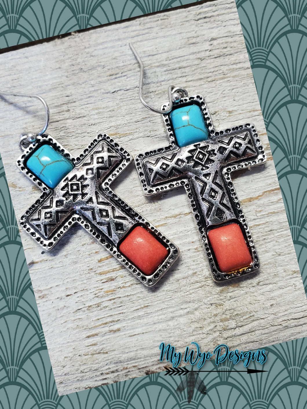 Desert Aztec ~Turquoise & Coral Cross earrings - My Wyo Designs