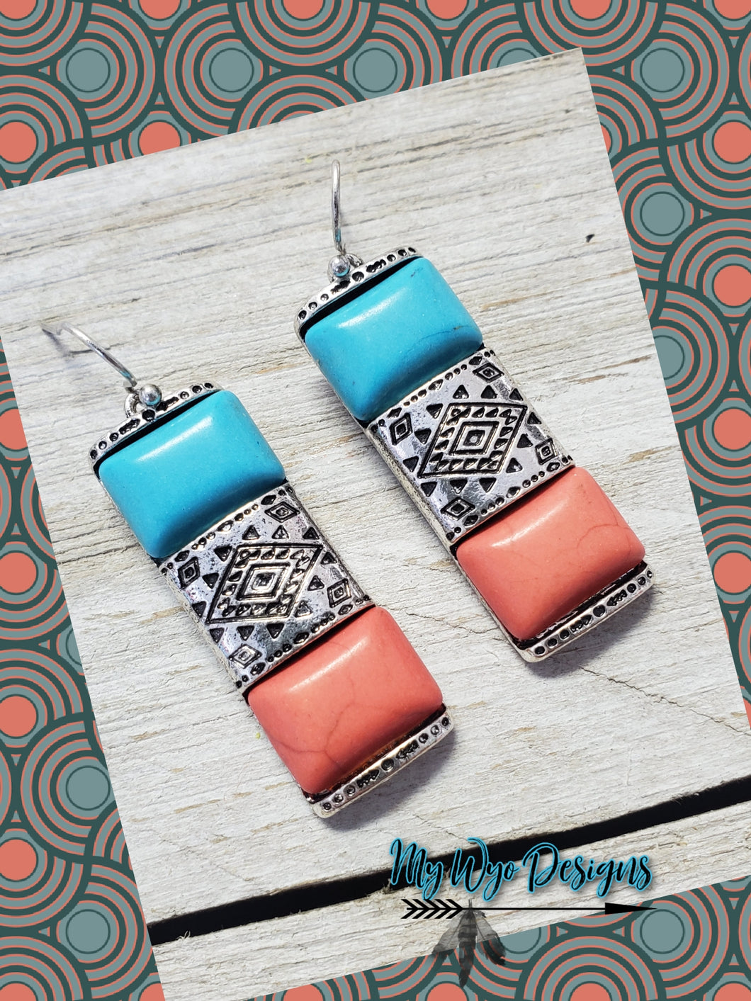 Desert Geo ~Turquoise & Coral Bar earrings - My Wyo Designs
