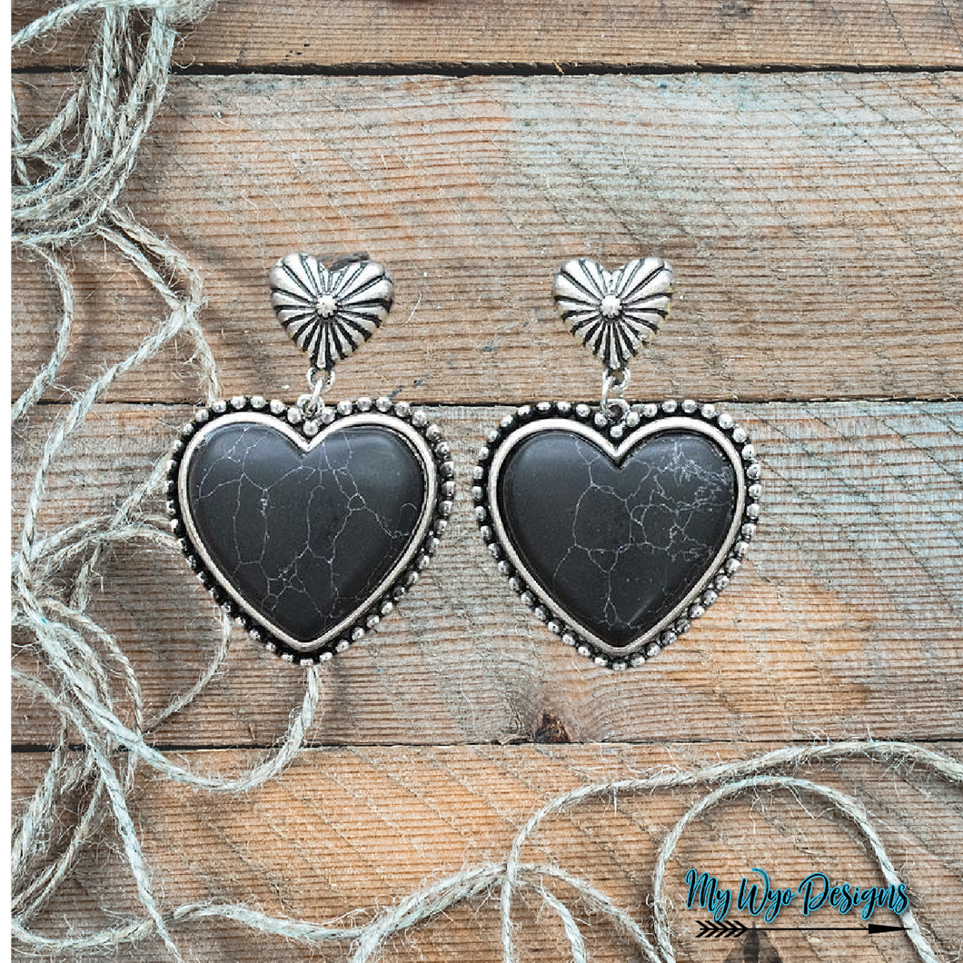 Black Stone Western Heart Earrings - My Wyo Designs