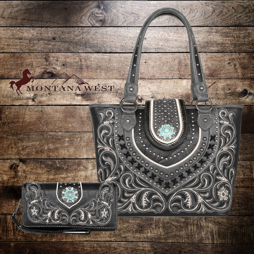 Turquoise Concho Montana West Black Conceal Tote & Wallet - My Wyo Designs